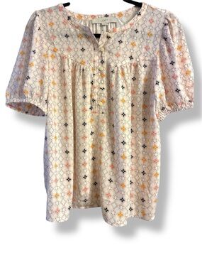 🌿 LOFT Cream Geometric Print Blouse | Size Small | Short Sleeve GUC